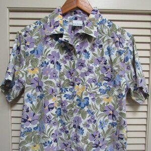 Bobbie Brooks Floral Button Up Shirt Women L Purple Blue Short Sleeve Golf Y2K